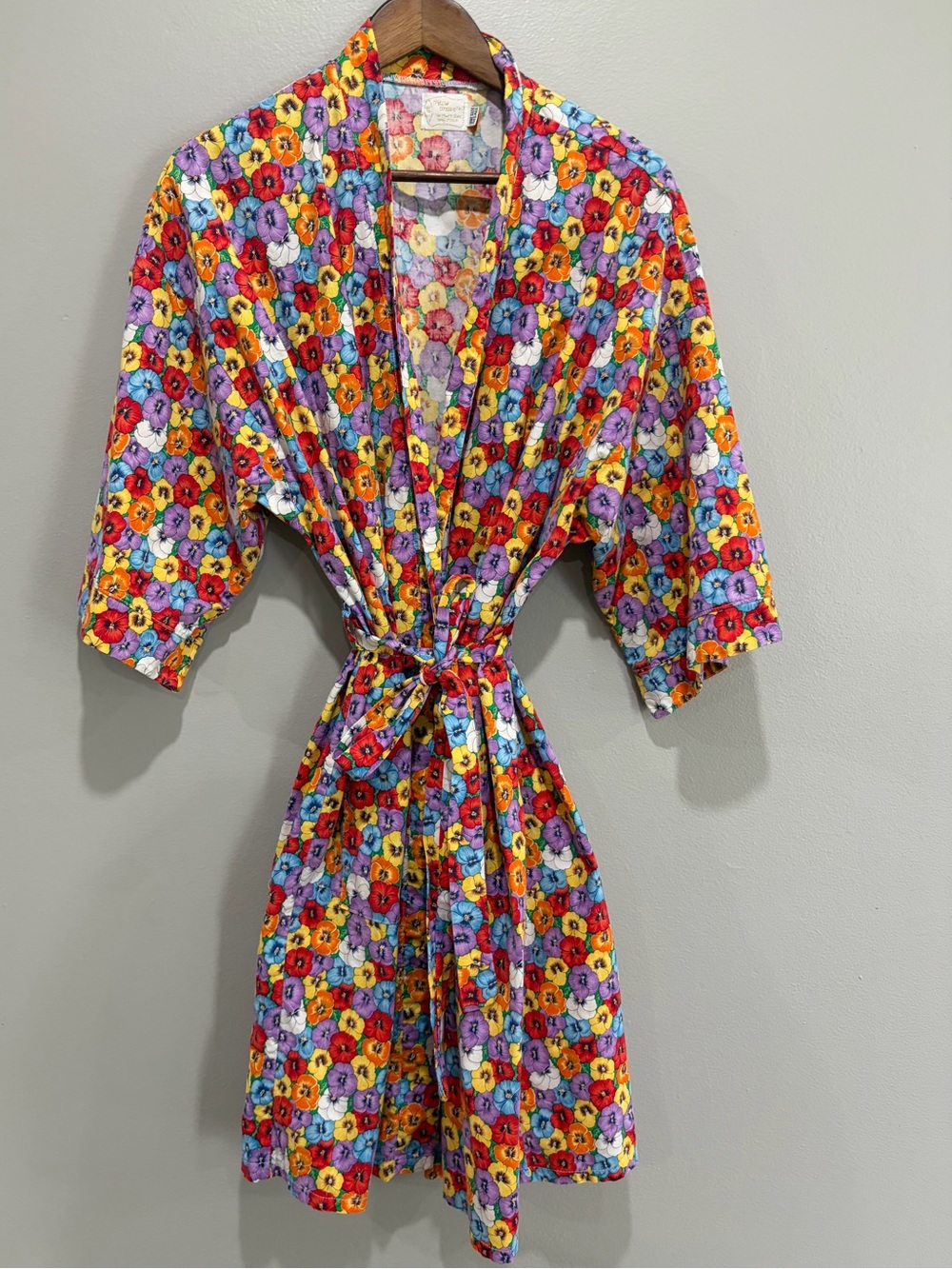 Vintage 90s Pillow Walks Floral Housecoat Robe Pansy Print Made USA